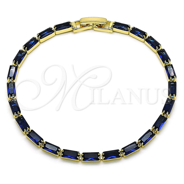 Oro Laminado Tennis Bracelet, Gold Filled Style Baguette Design, with Sapphire Blue Cubic Zirconia, Polished, Golden Finish, 03.283.0354.4.07