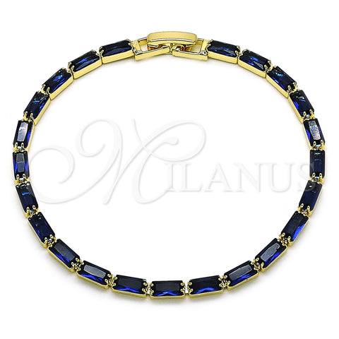 Oro Laminado Tennis Bracelet, Gold Filled Style Baguette Design, with Sapphire Blue Cubic Zirconia, Polished, Golden Finish, 03.283.0354.4.07