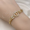 Oro Laminado Fancy Bracelet, Gold Filled Style San Judas and Leaf Design, with White Cubic Zirconia, Polished, Tricolor, 03.411.0015.1.07 (05 MM Thickness, 7 Inches Length)