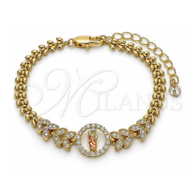 Oro Laminado Fancy Bracelet, Gold Filled Style San Judas and Leaf Design, with White Cubic Zirconia, Polished, Tricolor, 03.411.0015.1.07 (05 MM Thickness, 7 Inches Length)