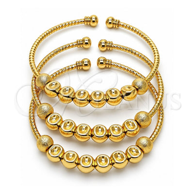 Oro Laminado Trio Bangle, Gold Filled Style Ball Design, Diamond Cutting Finish, Golden Finish, 07.170.0018.1 (03 MM Thickness, One size fits all)