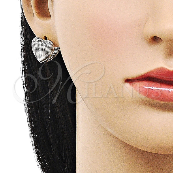 White Gold Filled Hoop Earrings — Huggie Hoop Heart Design Diamond Cutting 02. — alternate product view — SKU 155834 | Oro Laminado Blanco aretes de aro — Huggie Hoop corazón diseño Diamond Cutting 02. — SKU 155834