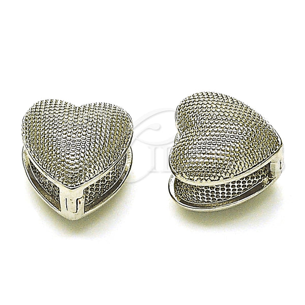 White Gold Filled Hoop Earrings — Huggie Hoop Heart Design Diamond Cutting 02. — main product view — SKU 155834 | Oro Laminado Blanco aretes de aro — Huggie Hoop corazón diseño Diamond Cutting 02. — SKU 155834