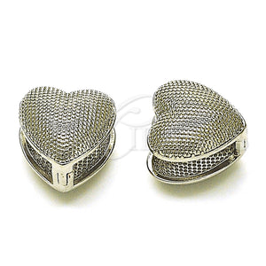 White Gold Filled Hoop Earrings — Huggie Hoop Heart Design Diamond Cutting 02. — main product view — SKU 155834 | Oro Laminado Blanco aretes de aro — Huggie Hoop corazón diseño Diamond Cutting 02. — SKU 155834