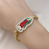 Oro Laminado Solid Bracelet, Gold Filled Style Guadalupe and Flower Design, with White Cubic Zirconia, Polished, Tricolor, 03.411.0006.2.08 (06 MM Thickness, 8 Inches Length)