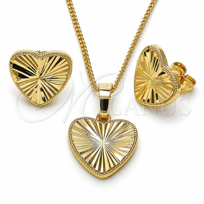 Oro Laminado Earring and Pendant Adult Set, Gold Filled Style Heart Design, Diamond Cutting Finish, Golden Finish, 10.413.0002