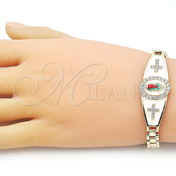 Gold Filled Bracelet — Fancy Bracelet Guadalupe and Cross Design with White — alternate product view — SKU 155891 | Oro Laminado brazalete — elegante Bracelet Guadalupe and cruz diseño with blanco — SKU 155891