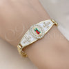 Oro Laminado Fancy Bracelet, Gold Filled Style Guadalupe and Cross Design, with White Cubic Zirconia, White Enamel Finish, Tricolor, 03.411.0020.08 (08 MM Thickness, 8 Inches Length)