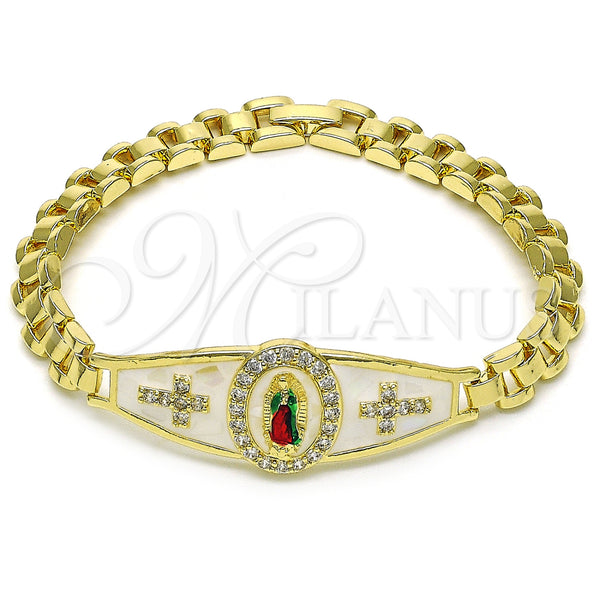 Gold Filled Bracelet — Fancy Bracelet Guadalupe and Cross Design with White — main product view — SKU 155891 | Oro Laminado brazalete — elegante Bracelet Guadalupe and cruz diseño with blanco — SKU 155891