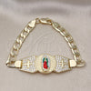 Oro Laminado Fancy Bracelet, Gold Filled Style Guadalupe and Cross Design, with White Cubic Zirconia, Diamond Cutting Finish, Tricolor, 03.411.0021.07 (07 MM Thickness, 7 Inches Length)