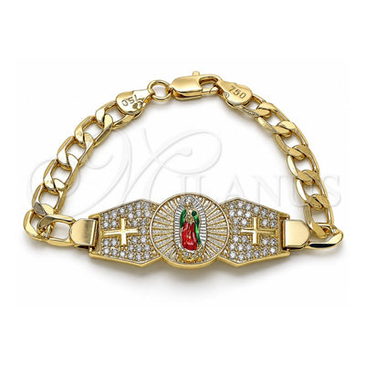 Oro Laminado Fancy Bracelet, Gold Filled Style Guadalupe and Cross Design, with White Cubic Zirconia, Diamond Cutting Finish, Tricolor, 03.411.0021.07 (07 MM Thickness, 7 Inches Length)
