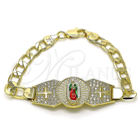 Oro Laminado Fancy Bracelet, Gold Filled Style Guadalupe and Cross Design, with White Cubic Zirconia, Diamond Cutting Finish, Tricolor, 03.411.0021.07 (07 MM Thickness, 7 Inches Length)