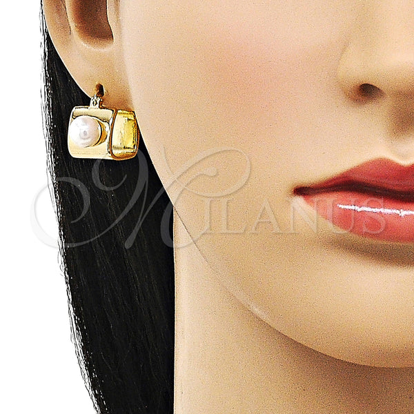 Gold Filled Hoop Earrings — Small Hoop Ball Design with Ivory Pearl Polished — alternate product view — SKU 155899 | Oro Laminado aretes de aro — aro pequeño Ball diseño with Ivory Pearl pulido — SKU 155899
