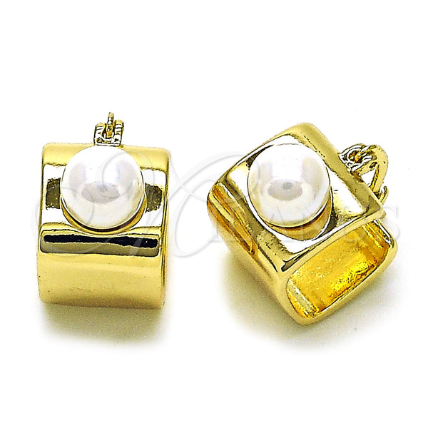 Gold Filled Hoop Earrings — Small Hoop Ball Design with Ivory Pearl Polished — main product view — SKU 155899 | Oro Laminado aretes de aro — aro pequeño Ball diseño with Ivory Pearl pulido — SKU 155899