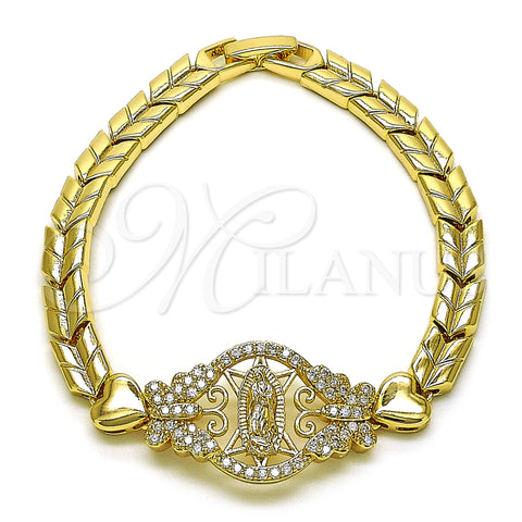 Oro Laminado Fancy Bracelet, Gold Filled Style Guadalupe and Butterfly Design, with White Cubic Zirconia, Polished, Golden Finish, 03.283.0396.07 (06 MM Thickness, 7 Inches Length)