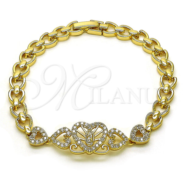 Oro Laminado Fancy Bracelet, Gold Filled Style Guadalupe and Heart Design, with White Cubic Zirconia, Polished, Golden Finish, 03.283.0397.07 (06 MM Thickness, 7 Inches Length)