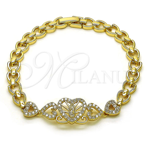 Oro Laminado Fancy Bracelet, Gold Filled Style Guadalupe and Heart Design, with White Cubic Zirconia, Polished, Golden Finish, 03.283.0397.07 (06 MM Thickness, 7 Inches Length)