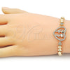 Oro Laminado Fancy Bracelet, Gold Filled Style Heart and Little Girl Design, with White and Green Cubic Zirconia, Polished, Golden Finish, 03.283.0398.07 (06 MM Thickness, 7 Inches Length)