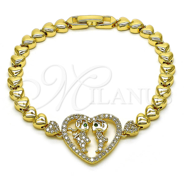 Oro Laminado Fancy Bracelet, Gold Filled Style Heart and Little Girl Design, with White and Green Cubic Zirconia, Polished, Golden Finish, 03.283.0398.07 (06 MM Thickness, 7 Inches Length)
