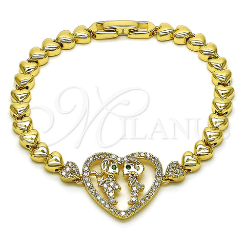 Oro Laminado Fancy Bracelet, Gold Filled Style Heart and Little Girl Design, with White and Green Cubic Zirconia, Polished, Golden Finish, 03.283.0398.07 (06 MM Thickness, 7 Inches Length)
