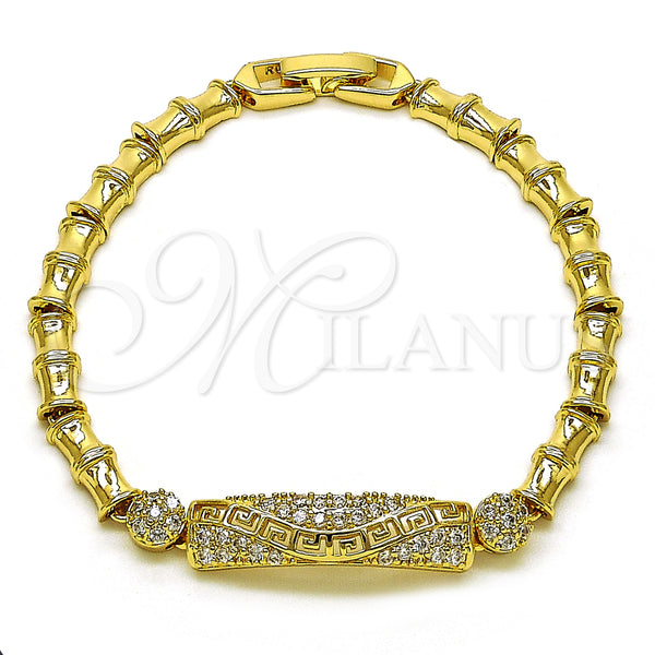 Oro Laminado Fancy Bracelet, Gold Filled Style Bamboo and Greek Key Design, with White Cubic Zirconia, Polished, Golden Finish, 03.283.0399.07 (05 MM Thickness, 7 Inches Length)