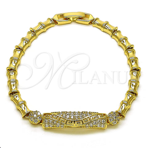 Oro Laminado Fancy Bracelet, Gold Filled Style Bamboo and Greek Key Design, with White Cubic Zirconia, Polished, Golden Finish, 03.283.0399.07 (05 MM Thickness, 7 Inches Length)