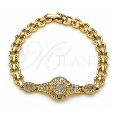 Oro Laminado Fancy Bracelet, Gold Filled Style Greek Key and Teardrop Design, with White Cubic Zirconia, Polished, Golden Finish, 03.283.0400.07 (06 MM Thickness, 7 Inches Length)