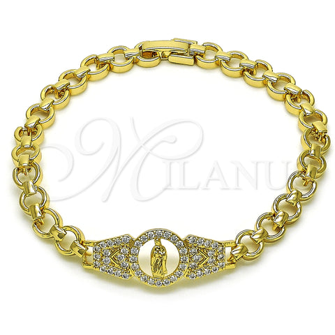 Oro Laminado Fancy Bracelet, Gold Filled Style Guadalupe Design, with White Cubic Zirconia, Polished, Golden Finish, 03.283.0401.07 (06 MM Thickness, 7 Inches Length)