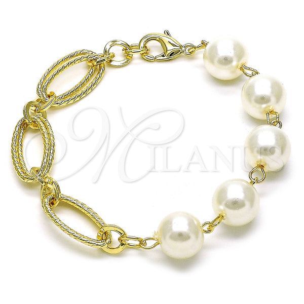 Oro Laminado Fancy Bracelet, Gold Filled Style Ball Design, with Ivory Pearl, Diamond Cutting Finish, Golden Finish, 03.331.0273.08 (12 MM Thickness, 8 Inches Length)