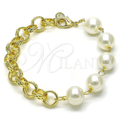 Oro Laminado Fancy Bracelet, Gold Filled Style Rolo and Ball Design, with Ivory Pearl, Diamond Cutting Finish for wholesale, main product view