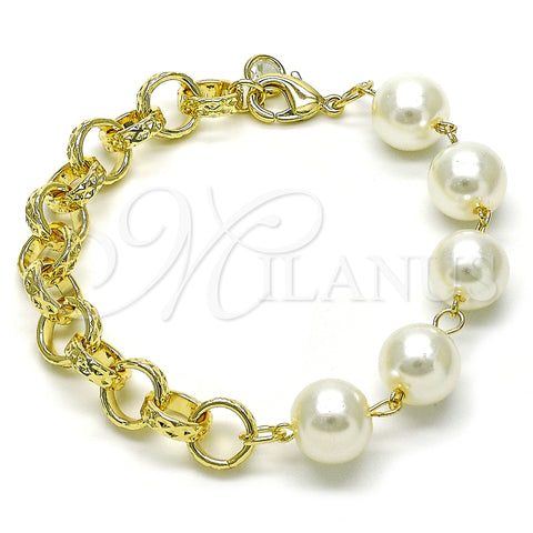 Oro Laminado Fancy Bracelet, Gold Filled Style Rolo and Ball Design, with Ivory Pearl, Diamond Cutting Finish, Golden Finish, 03.331.0274.08 (12 MM Thickness, 8 Inches Length)