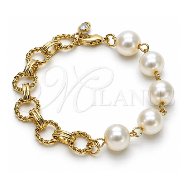 Oro Laminado Fancy Bracelet, Gold Filled Style Ball and Twist Design, with Ivory Pearl, Diamond Cutting Finish, Golden Finish, 03.331.0275.08 (12 MM Thickness, 8 Inches Length)
