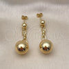 Oro Laminado Long Earring, Gold Filled Style Ball Design, Polished, Golden Finish, 02.213.0684