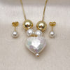 Oro Laminado Necklace and Earring, Gold Filled Style Heart and Ball Design, with Ivory Pearl, Polished, Golden Finish, 06.417.0009