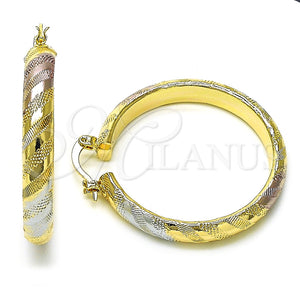 Gold Filled Hoop Earrings — Medium Hoop Hollow Design Diamond Cutting Tricolor 02. — main product view — SKU 156010 | Oro Laminado aretes de aro — Medium Hoop Hollow diseño Diamond Cutting Tricolor 02. — SKU 156010