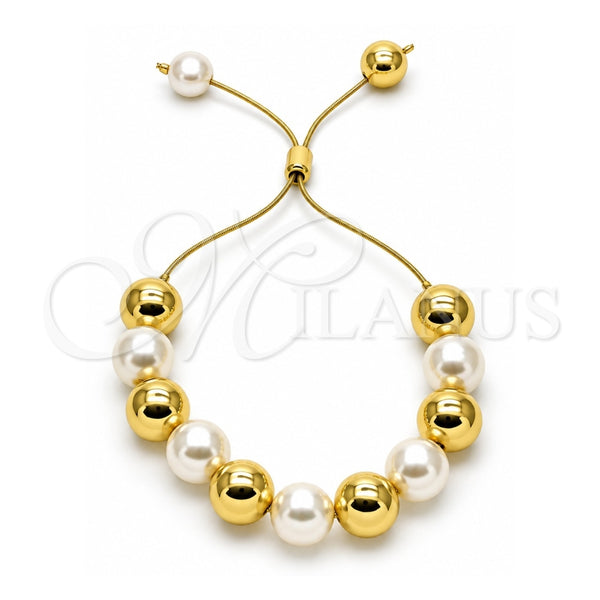 Oro Laminado Adjustable Bolo Bracelet, Gold Filled Style Ball and Rat Tail Design, with Ivory Pearl, Polished, Golden Finish, 03.417.0003.11 (12 MM Thickness, 11 Inches Length)