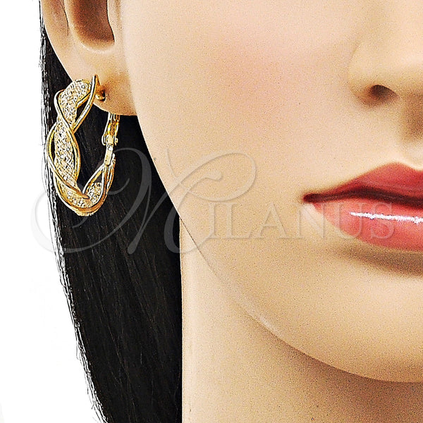 Gold Filled Hoop Earrings — Medium Hoop Twist and Filigree Design with White — alternate product view — SKU 156055 | Oro Laminado aretes de aro — Medium Hoop Twist and Filigree diseño with blanco — SKU 156055