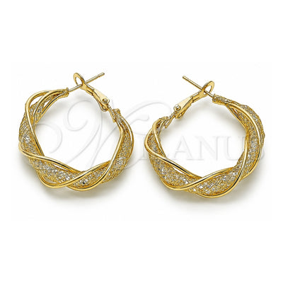 Oro Laminado Medium Hoop, Gold Filled Style Twist and Filigree Design, with White Crystal, Polished, Golden Finish, 02.170.0457.30