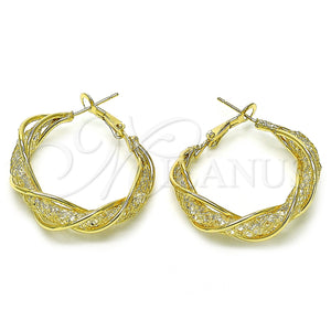Gold Filled Hoop Earrings — Medium Hoop Twist and Filigree Design with White — main product view — SKU 156055 | Oro Laminado aretes de aro — Medium Hoop Twist and Filigree diseño with blanco — SKU 156055