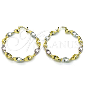 Gold Filled Hoop Earrings — Large Hoop Twist Design Polished Tricolor 02. — main product view — SKU 156067 | Oro Laminado aretes de aro — Large Hoop Twist diseño pulido Tricolor 02. — SKU 156067