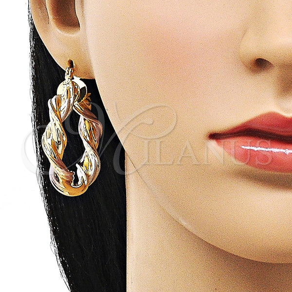 Gold Filled Hoop Earrings — Medium Hoop Twist and Hollow Design Polished Tricolor — alternate product view — SKU 156068 | Oro Laminado aretes de aro — Medium Hoop Twist and Hollow diseño pulido Tricolor — SKU 156068