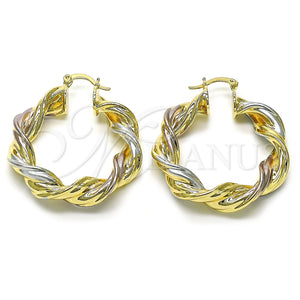 Gold Filled Hoop Earrings — Medium Hoop Twist and Hollow Design Polished Tricolor — main product view — SKU 156068 | Oro Laminado aretes de aro — Medium Hoop Twist and Hollow diseño pulido Tricolor — SKU 156068
