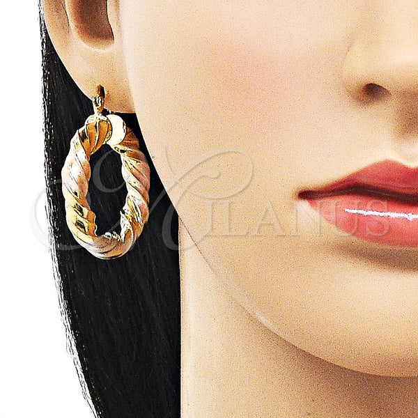 Gold Filled Hoop Earrings — Medium Hoop Hollow and Twist Design Polished Tricolor — alternate product view — SKU 156071 | Oro Laminado aretes de aro — Medium Hoop Hollow and Twist diseño pulido Tricolor — SKU 156071