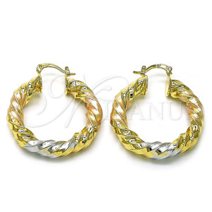 Gold Filled Hoop Earrings — Medium Hoop Hollow and Twist Design Polished Tricolor — main product view — SKU 156071 | Oro Laminado aretes de aro — Medium Hoop Hollow and Twist diseño pulido Tricolor — SKU 156071