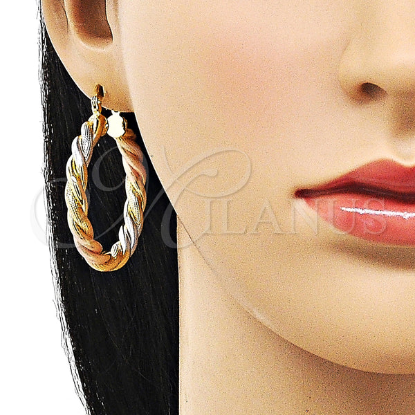 Gold Filled Hoop Earrings — Medium Hoop Twist Design Matte Tricolor 02. — alternate product view — SKU 156074 | Oro Laminado aretes de aro — Medium Hoop Twist diseño Matte Tricolor 02. — SKU 156074