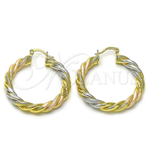 Gold Filled Hoop Earrings — Medium Hoop Twist Design Matte Tricolor 02. — main product view — SKU 156074 | Oro Laminado aretes de aro — Medium Hoop Twist diseño Matte Tricolor 02. — SKU 156074