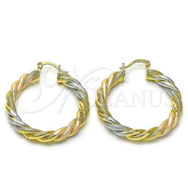 Gold Filled Hoop Earrings — Medium Hoop Twist Design Matte Tricolor 02. — main product view — SKU 156074 | Oro Laminado aretes de aro — Medium Hoop Twist diseño Matte Tricolor 02. — SKU 156074