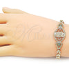 Oro Laminado Fancy Bracelet, Gold Filled Style Guadalupe and Flower Design, with Multicolor Cubic Zirconia, Polished, Golden Finish, 03.283.0402.07 (06 MM Thickness, 7 Inches Length)