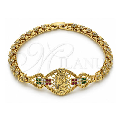 Oro Laminado Fancy Bracelet, Gold Filled Style Guadalupe and Flower Design, with Multicolor Cubic Zirconia, Polished, Golden Finish, 03.283.0402.07 (06 MM Thickness, 7 Inches Length)