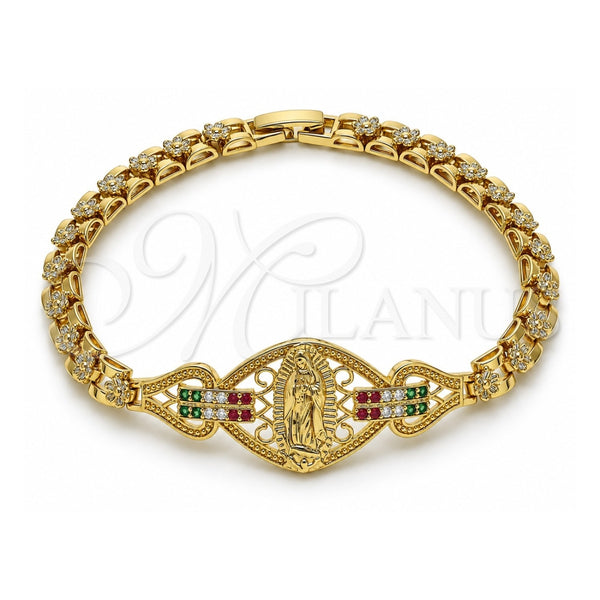 Oro Laminado Fancy Bracelet, Gold Filled Style Guadalupe and Flower Design, with Multicolor Cubic Zirconia, Polished, Golden Finish, 03.283.0402.07 (06 MM Thickness, 7 Inches Length)
